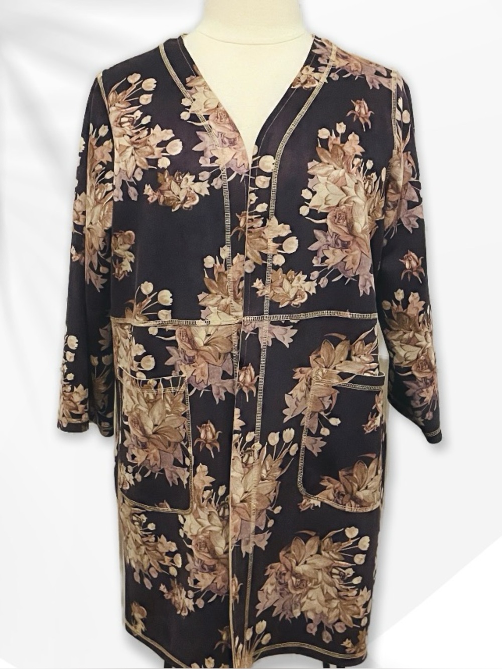 Chelsea & Theodore Womens Open Front Faux Leather Floral Long Jacket 1X